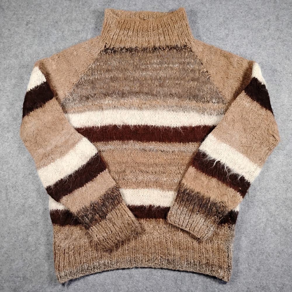 Artesanias Los Andes 100% Alpaca Wool Striped Mock Neck Sweater Brown Bolivia L‎